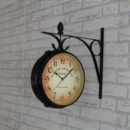 Quartz Wall Clock European Style Iron Hanging Clock Garden Central Station Clocks Double Sided Outside Bracket Retro Decoration