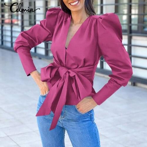 Fashion Bow Womens Shirts 2021 Celmia Spring Puff Sleeve Elegant Office Lady Blouses Sexy V-Neck Tunic Tops Casual Solid Blusas