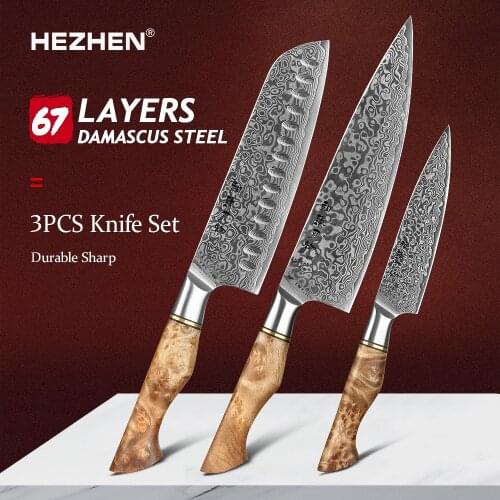 HEZHEN 3PC Kitchen Knife Set professional Japanese Damascus Steel Chef SantokuUtility Knives Cooking Tools