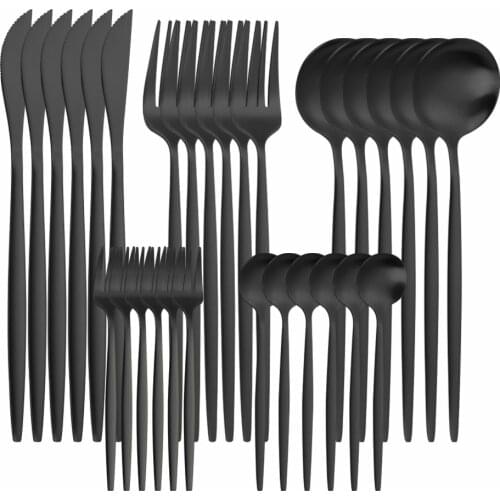 30Pcs Stainless Steel Cutlery Tableware Set Matte Black Kitchen Dinnerware Dinner Flatware Forks Knives Spoons Set Silverware