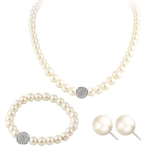 Womens Bride Wedding Jewelry Set Rhinestone Faux Pearl Necklace Bracelet Earring R7RF