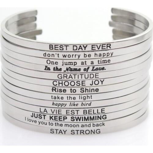 Stainless Steel 10pcs Mix Random Bangle Engraved Positive Inspirational Quote Hand Stamped Cuff Mantra Bracelet For Men Women