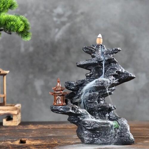Lofty Mountains And Flowing Water Resin Backflow Incense Burner Smoke Waterfall Incense Stick Holder With 20 Pcs Cones Ornaments