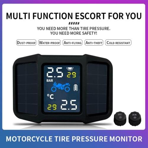 Motorcycle Tire Pressure Monitoring System TPMS Solar Power with 2 External Sensors Real-time Display Pressure Temperature