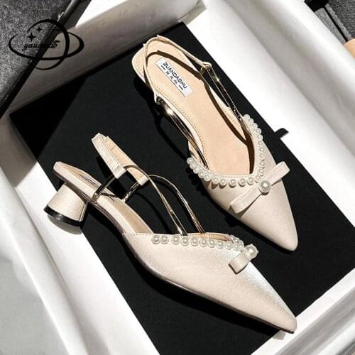 34-42 Womens Pumps Female Summer 3cm High Heels Pumps Pointed Toe Pearl Sexy Square Heel Comfortable Ladies Shoes Hy59