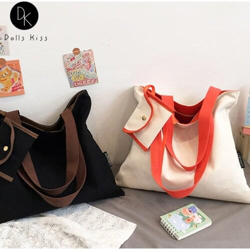Female Canvas Eco Bag Girls Simple Solid Color Handbag Ladies Travel Totes Trend Casual Grocery Bag and Small Wallet for Women