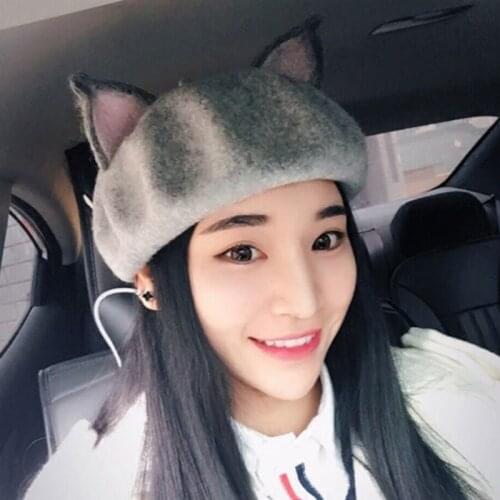Korean Women Girls Retro Beret Cap Cute 3D Cat Fox Pointed Ears Faux Felt Painter Student Winter Warm Mushroom Hat