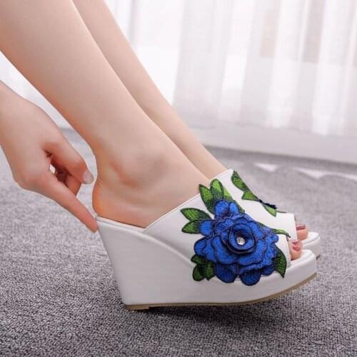 Women sandals wedding Party banquet PU Slip On 10CM Wedges High Heels Peep Toe Flower zapatos de mujer women shoes size 35-42