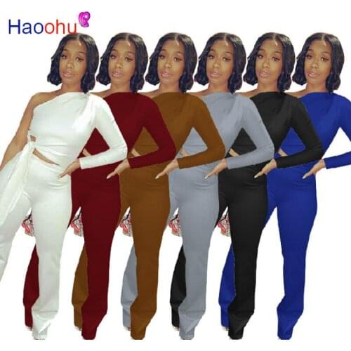 HAOOHU Office Lady Two Piece Tracksuit Womens Clothing One Shoulder Single Long Sleeve Crop Top and Flare Bell Bottom Pants