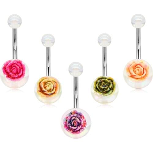 14G Stainless Steel Dangle Belly Button Rings Screw Navel Barbell Rose Piercing Jewelry for Women