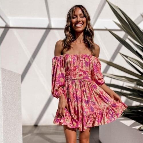 Women Sexy Off Shoulder Mini Dress Fashion Half Sleeve Backless Lace-up Woman Floral Print Short Dresses 2021 Summer Robe Femme