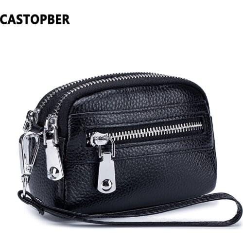 Cow Genuine Leather Black Coin Purse With Wrist Strap Womens Changes Wallets 2 Layers Zipper Bag Ladies Day Clutch High Quality
