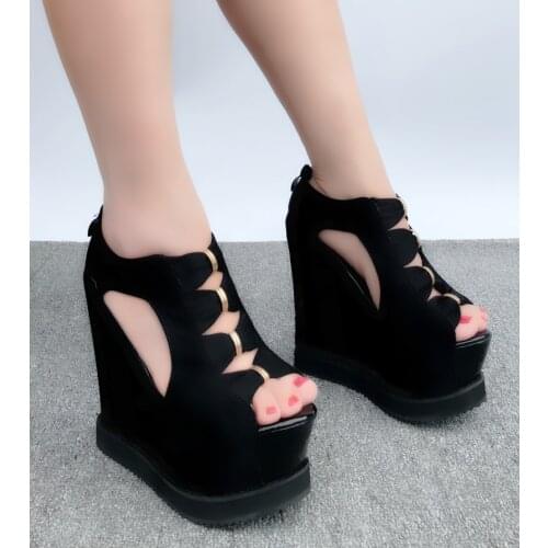2020 new Korean within increase wedges thick-soled platform muffin womens shoes 15 cm super high heel hollow fish mouth sandals