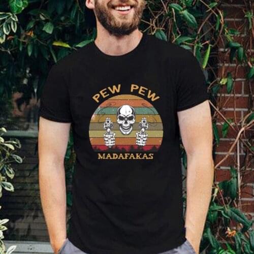 2021 Hot Sale Pew Pew Madafakas Print T-Shirt Vintage Skull with Gun Skull Vintage Printed Tops Fashion Casual Funny Cat Tee