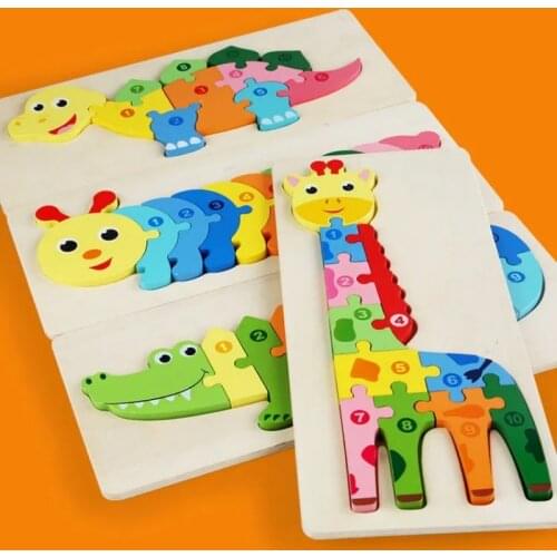 Baby Wooden 3D Puzzle Dinosaur Giraffe Animal Number Jigsaw Fun Puzzle Game Children Kids Montessori Educational Toy Child Gift