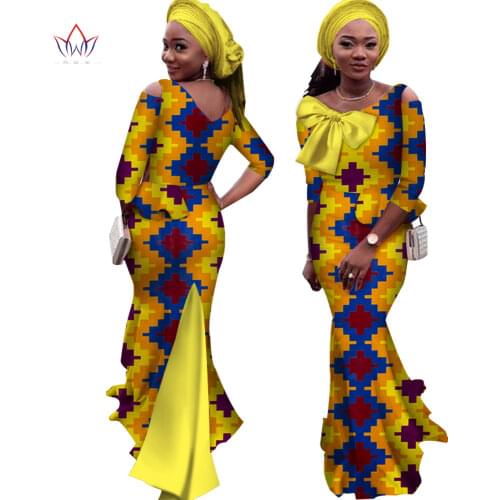 Ankara Print Long Dresses with Bowtie Bazin Riche African Dresses for Women Vestidos Traditional Women African Clothing WY3753