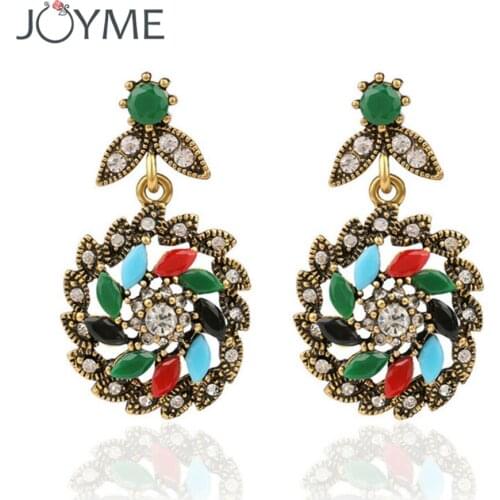 Bohemian Boho Ethnic Ancient Gilded Colorful Resin Crystal Flower Clip Long Hanging Earrings women Earings For Girls brinco New