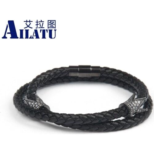 Double Layer Crown Bracelet Weaved Black Genuine Leather Bangle for Unisex Accessories Stainless Steel Jewelry Birthday Gift