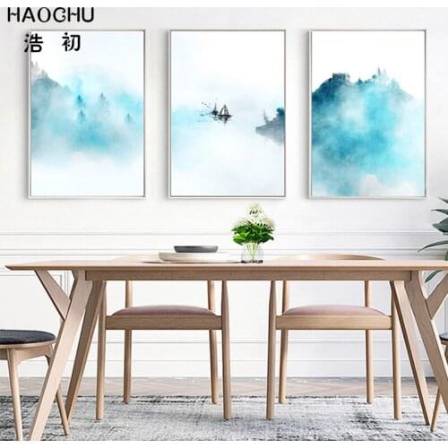 HAOCHU Chinese Ink Landscape Canvas Sailboat Landscape Wall Decoration Picture Living Room Wall Decoration Art Poster Home Decor