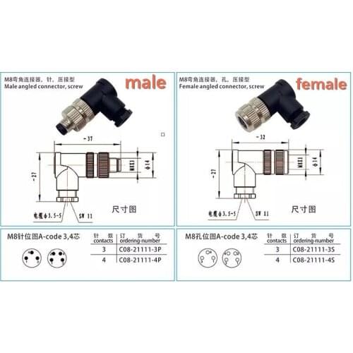 M8 Curved Waterproof aviation plug socket M8 sensor connector 3P 4P pinhole sensor connector 3 core 4 core male/female head