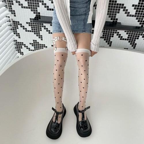 Summer Cute Stocking Women Heart Mesh Harajuku Over Knee Socks Spring New Casual Sexy Thin Long Socks Girls PJ332