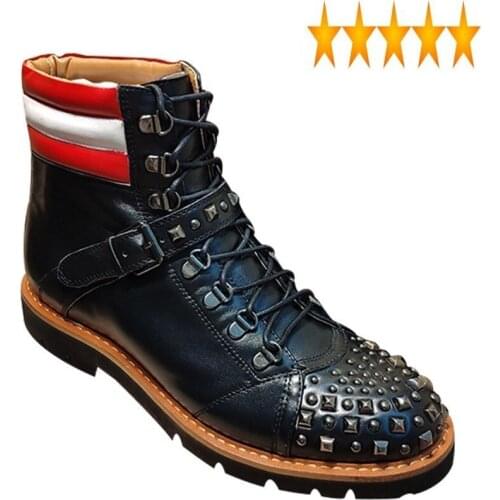 Leather Thick Bottom Mens Genuine Warm High Top Fashion Rivet Lace Up Round Toe Mixed Colors Male Casual Cowhide Shoes
