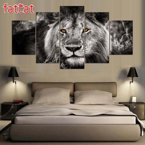 FATCAT 5 Pieces Diy Diamond Painting Black white Animal Lion Wall Decorative full Square Round Diamond Embroidery Sale Art AE788