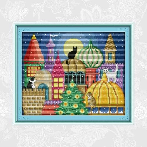 Joy sunday The cat city Aida Cross Stitch kits 14CT 11CT Printed on Canvas DIY Handmade Needlework Embroidery Sets Wholesale