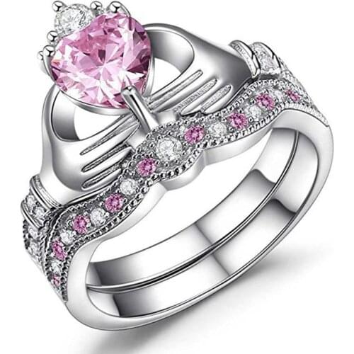 2020 Trendy Hand Holding Blue Crystal Heart-Shaped Crown Ring Set For Women For Engagement Party Wedding Jewelry Accessories