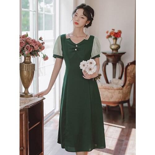 2021 Summer New Womens Noble Temperament Was Thin Puff Sleeve Mid-Length Dress Retro Art Girl Style Daily Casual Green Dress