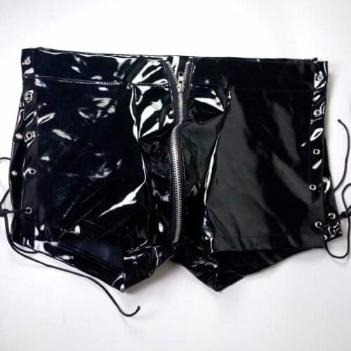 New Mens Leather Boxer Sexy Gay Underwear Wetlook Pu Zipper Underwear Lace Up Bandage Pole Dance Clubwear Costume
