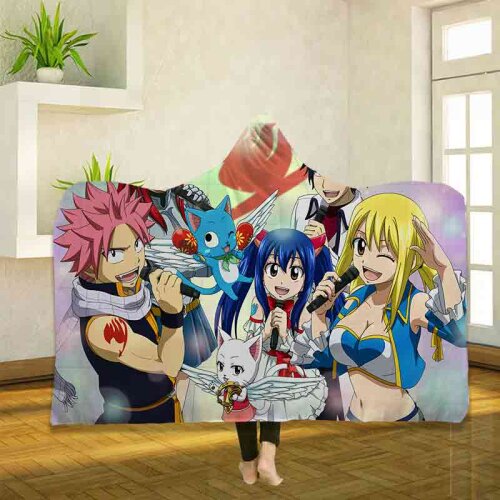 Anime Fairy Tail Pattern 3D Digital Printed Throw Hooded Blanket Wearable Warm Fleece Bedding Office Quilts Soft Adults Travel