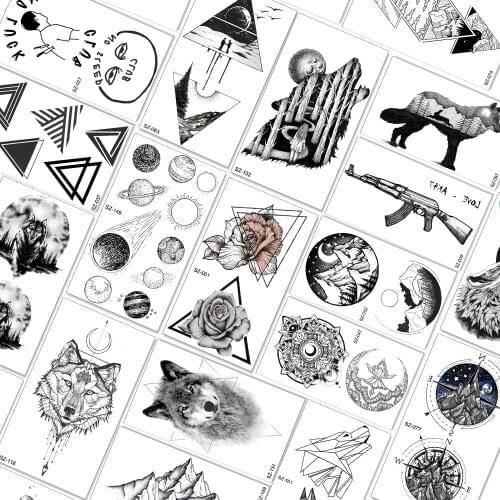 QUCIOUS Geometry Triangle Round Temporary Tattoos Waterproof Rose Wolf Tatoo Sticker For Men Women Arm Neck Body Art Fake Tattoo