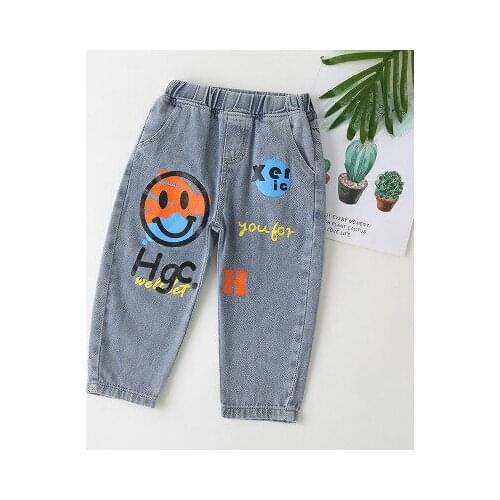 Boys Printed Jeans 2021 Spring and Autumn New Baby Loose Denim Pants Korean Childrens Korean Style Jeans Toddler Cowboy Pants