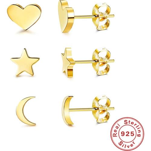 CANNER Stud Earrings 3or4 pieces/set Small 925 Sterling Silver Heart Star Moon Piercing Earring Women Jewelry Pendientes Plata