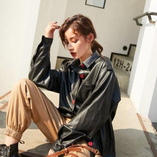 Spring Vintage Black Faux Leather Jacket Women Pu Leather Coat 2021 New Plus Size Red Button Motorcycle Leather Coats Streetwear