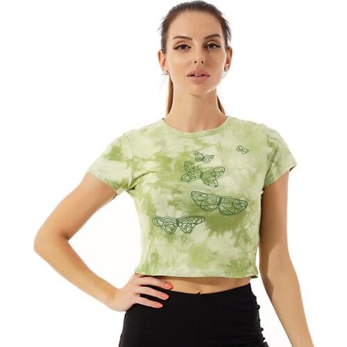 Women Summer Short Sleeve O Neck T Shirts E Girls Chic Butterfly Print Crop Top Casual T-shirt Tie Dye y2k Tops Tees Streetwear