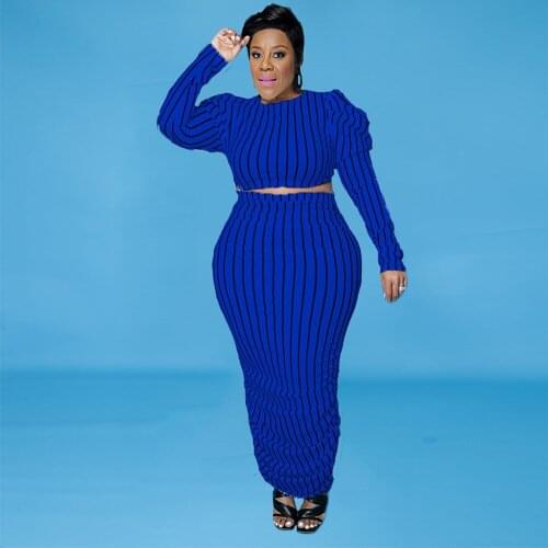 ZJFZML ZZ Women Clothing 2 Piece Set Plus Size 2021 Long Sleeve Striped Crop Top and Stacked Maxi Dress Dropshipping Wholesale