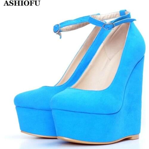 ASHIOFU Handmade Womens Wadge Heel Pumps Buckle Strap Party Dress Shoes Large Size Kid-suede Evening Fashion Pumps Shoes XD218