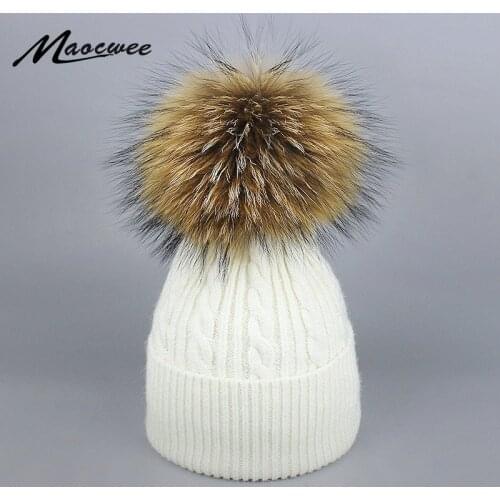 Woman Winter Twist Hats Wool Real Raccoon Fur Pom Pom Stripe 2018 Autumn Winter WomenS Knitted Hat Female Skullies Beanies