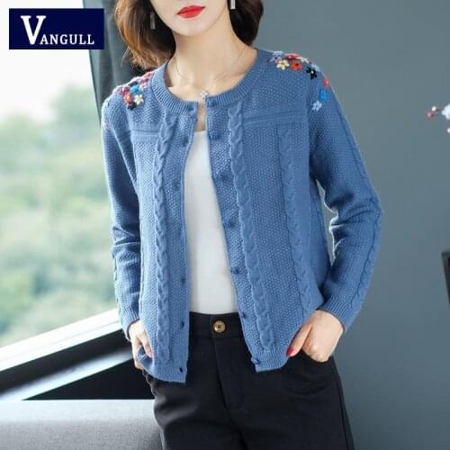 Vangull Autumn Embroidery Sweater Cardigans Women Solid O-neck Casual Sweater Single Breasted Spring Loose Korean style Sweater