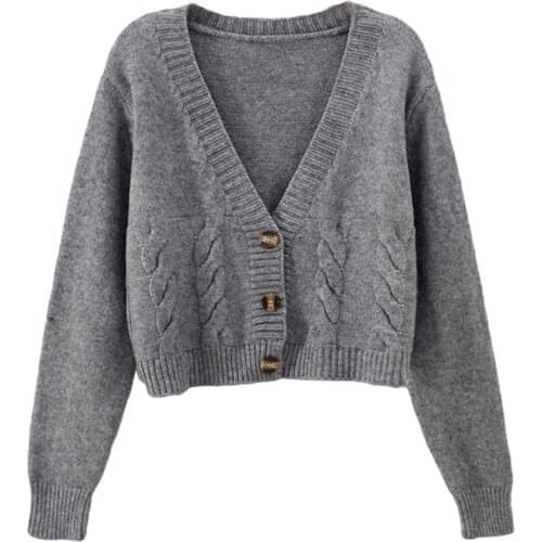 Autumn Winter New 2021 V Neck Short Cardigan Female Twist Sweater Coat Fall Single Breasted High Waist Women Knitted Jacket Tops