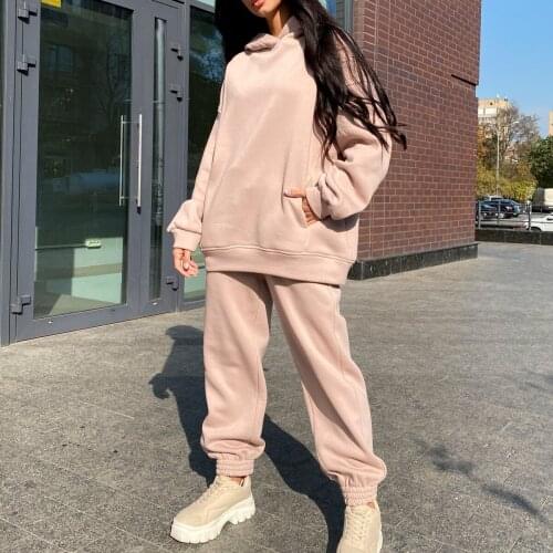 Women New Fashion Solid Color Hooded Side Pockets Drawstring Sweater Elastic Lace-Up Trousers Plus Velvet Leisure Two-Piece Suit
