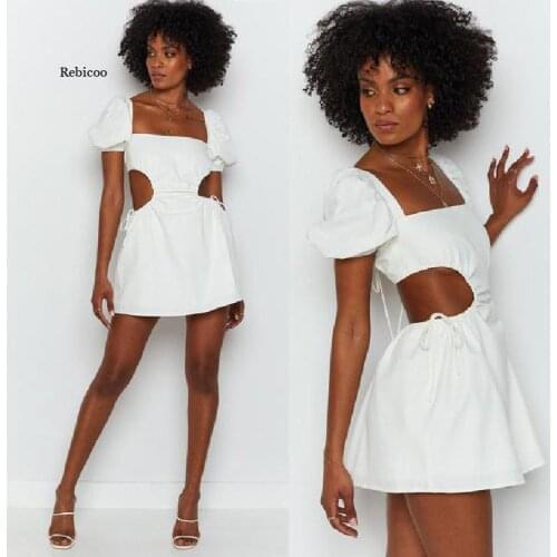 Summer New Sexy Backless Temperament Womens Square Collar Lace-Up Hollow Out Puff Sleeve A-Line Dress Femme Robe