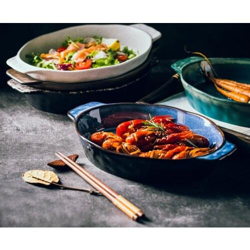 Binaural Baking Plate Baked Rice Plate Japanese Ceramic Plate Large Capacity Oval Plate Breakfast Plate Salad Fruit Plat