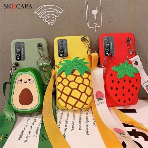 Cute 3D Fruit Zipper Wallet Silicone Phone Case For Huawei Honor 10X Lite 30 Pro Y6P 2020 Y5P Play 4T Coin Purse Lanyard Cover