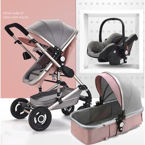 Baby Stroller High View Foldable Shock Absorber Basket, Three-in-one Two-way Stroller Baby Car Seat Baby Stroller Leather 3 in 1