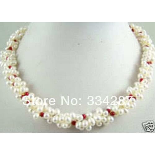 Elegant white cultured pearl & red coral necklace
