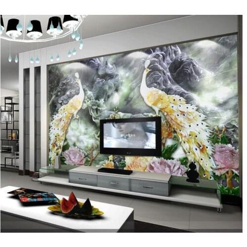 Customized 3d wallpaper 3d tv wall paper murals Jade carving landscape paintings peacock peony TV setting wall wallpaper
