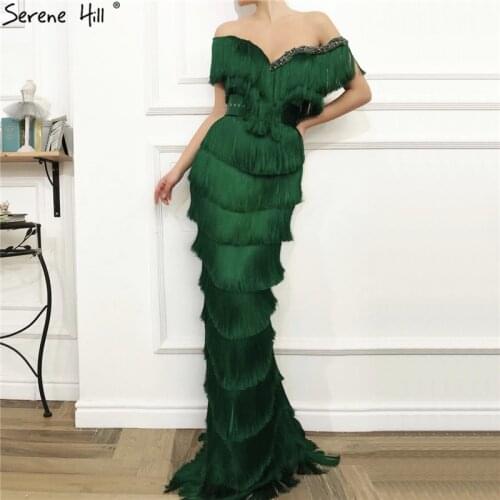 Green Off Shoulder Sexy Mermaid Evening Dresses 2020 Short Sleeves Tassel Tiered Formal Dress Serene Hill LA70024